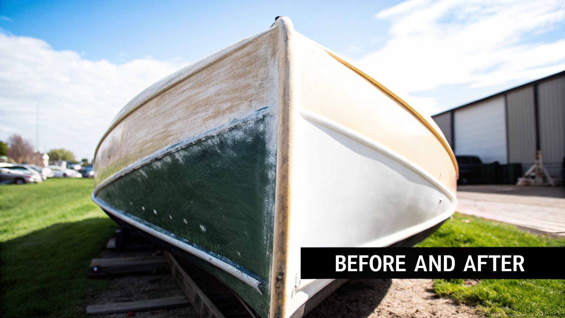 A person polishing the side of a white fiberglass boat with a power buffer, creating a high-gloss reflection.