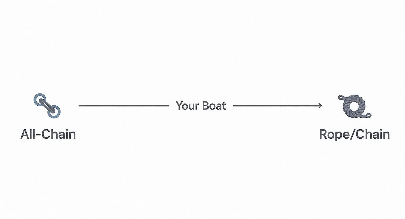 Infographic decision tree showing a boat leading to two choices for anchor rode: all-chain or rope/chain combination.
