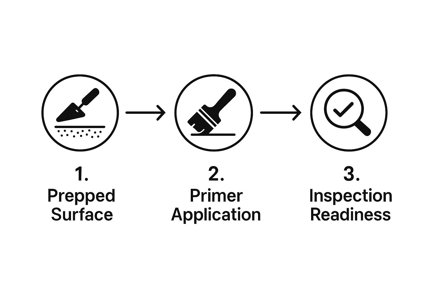 Infographic showing the process flow from a prepped surface, to primer application, to inspection readiness.