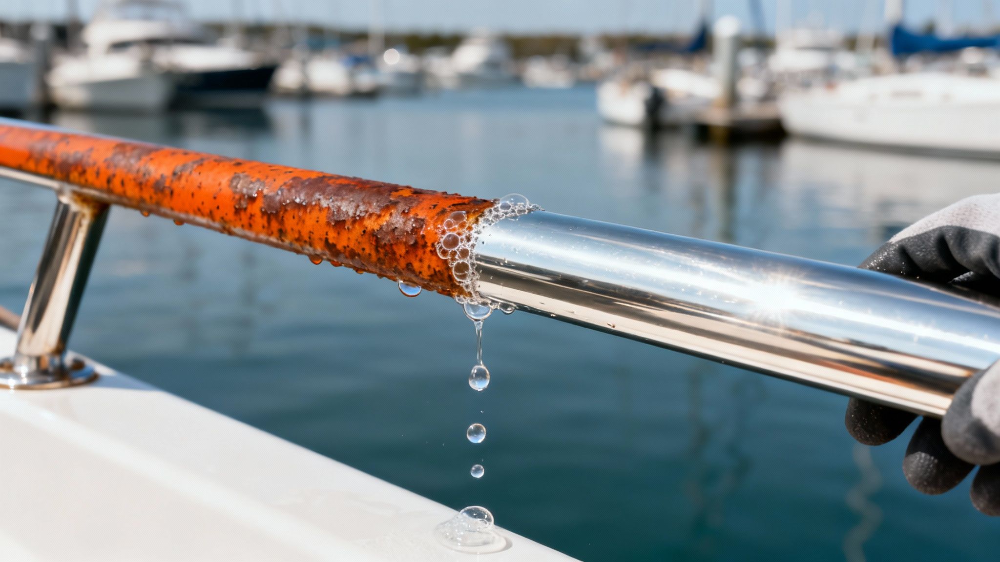 A metal boat railing, half rusted and half cleaned, with bubbles and water dripping during treatment.