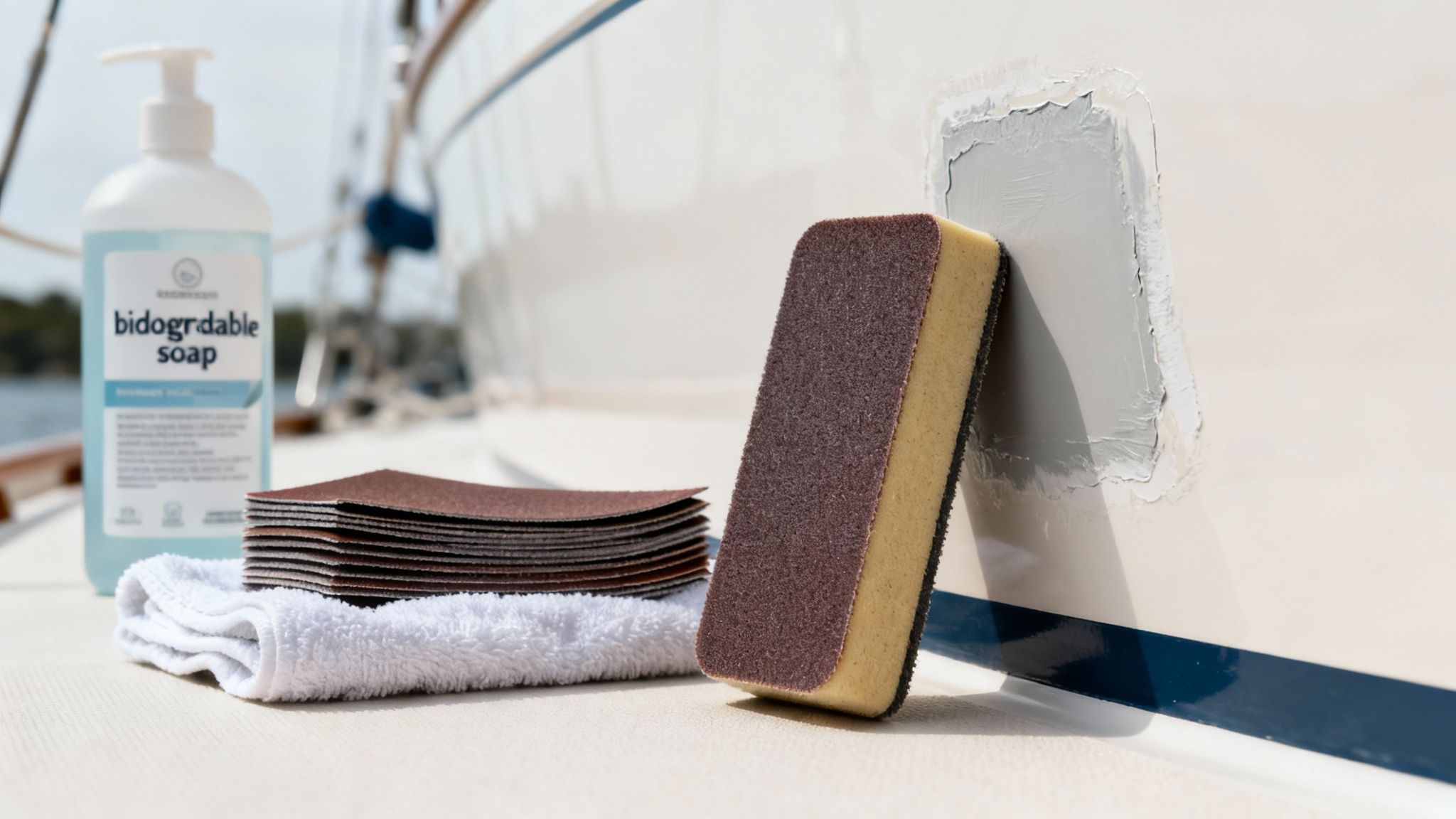 Supplies for boat maintenance including biodegradable soap, sandpaper, towel, and sanding block.