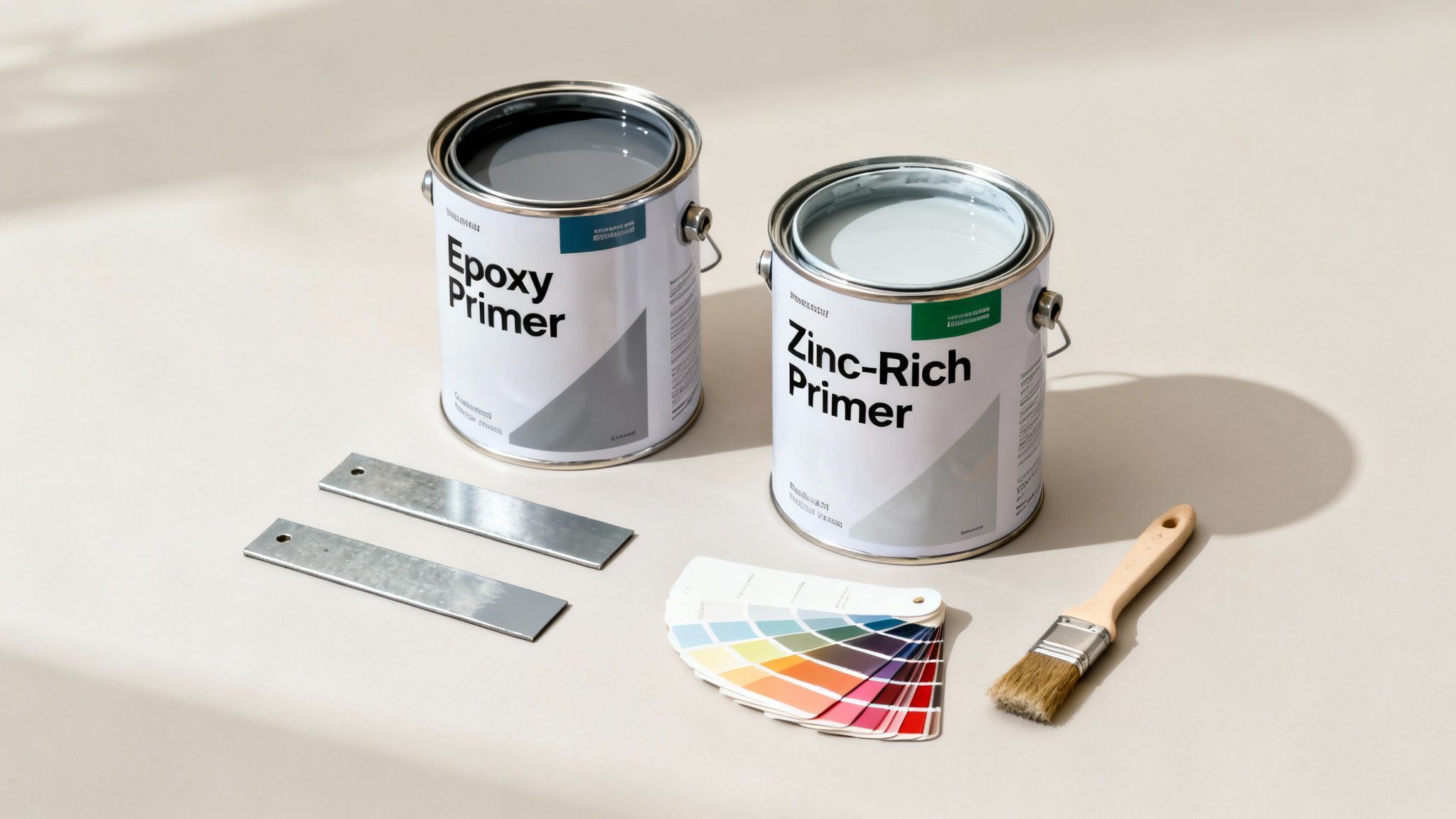Two open cans of gray primer paint, color swatches, metal samples, and a paintbrush.