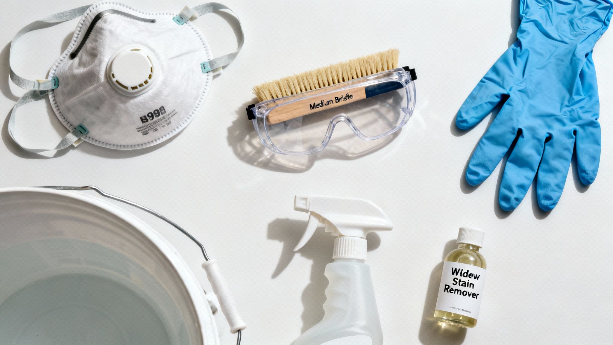 A flat lay of mildew cleaning supplies: mask, goggles, brush, gloves, bucket, spray, and stain remover bottle.