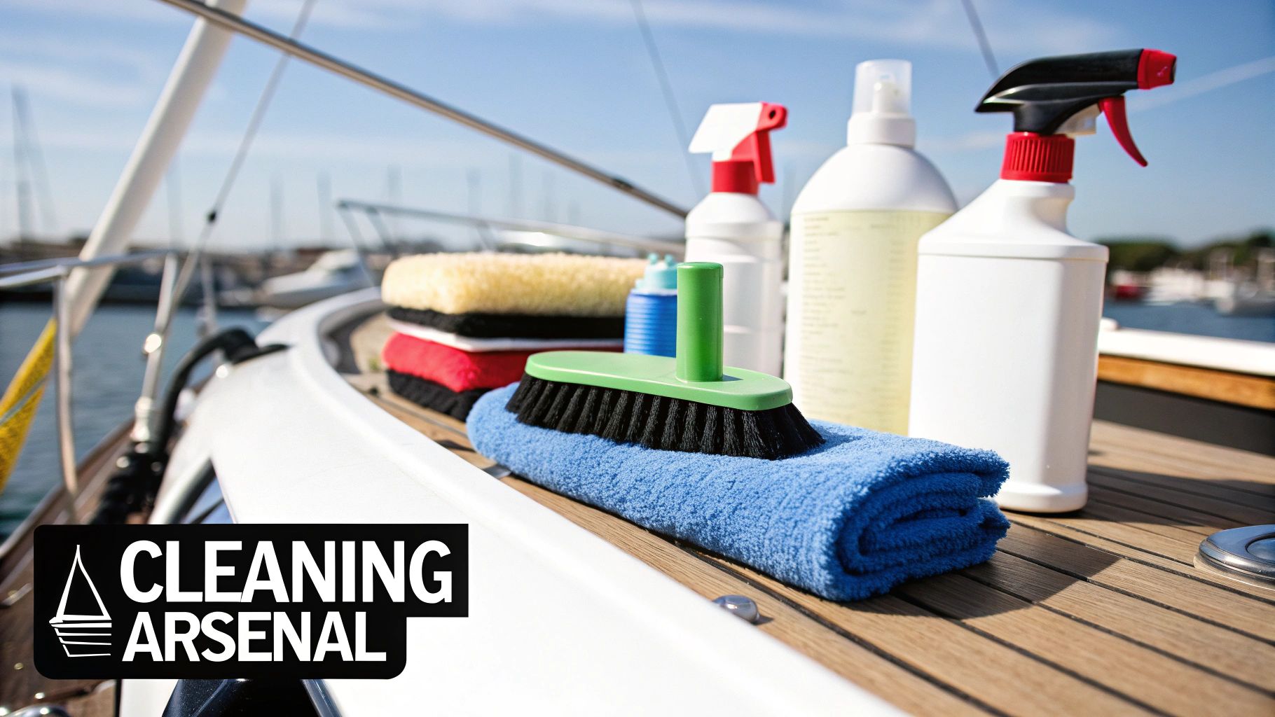 An assortment of boat cleaning supplies, including brushes, sprays, and towels, laid out on a wooden dock.