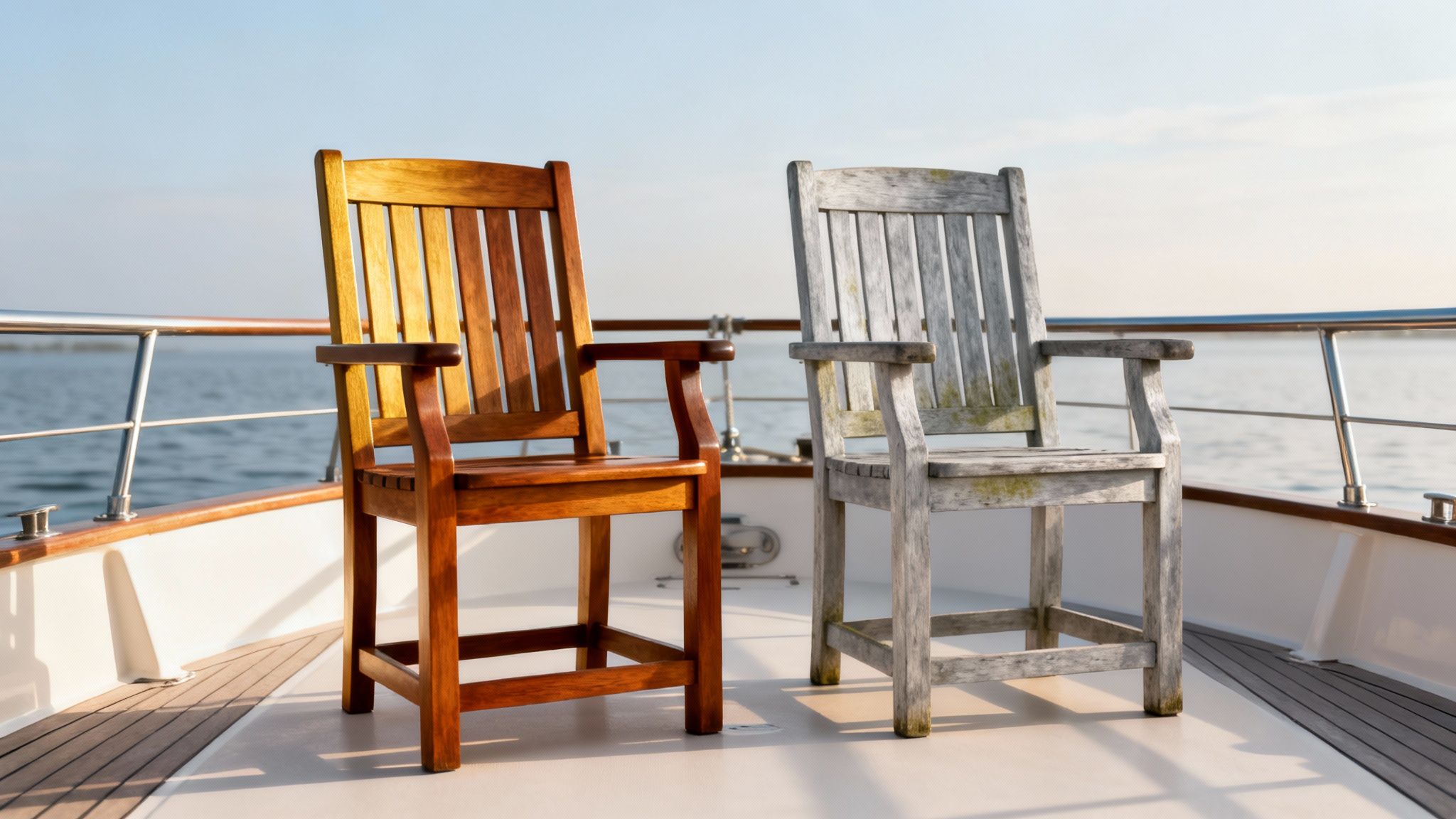 Two wooden teak chairs on a boat deck, one new and polished, the other weathered.