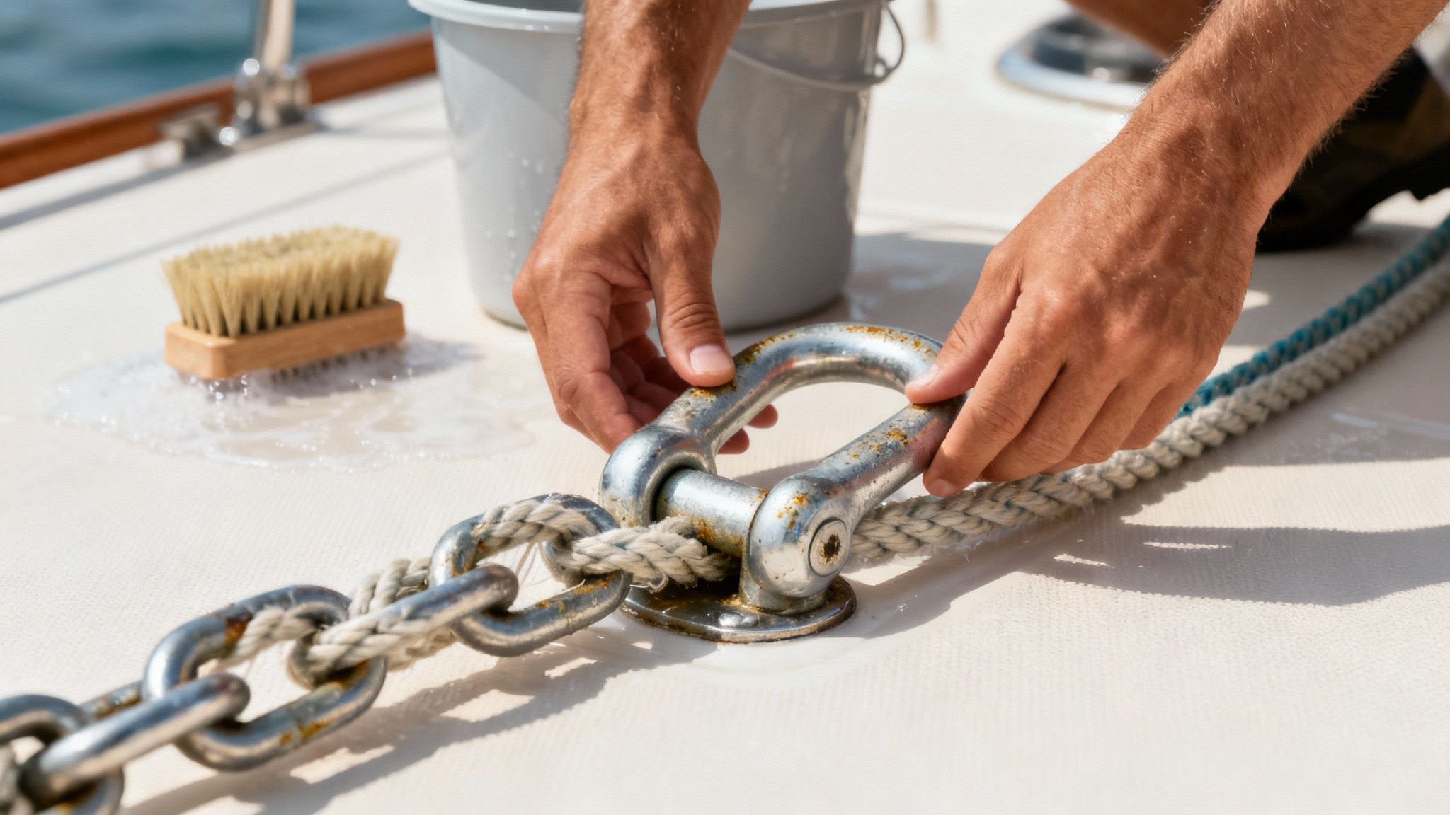 A person inspecting their boat anchor system on the bow of a boat