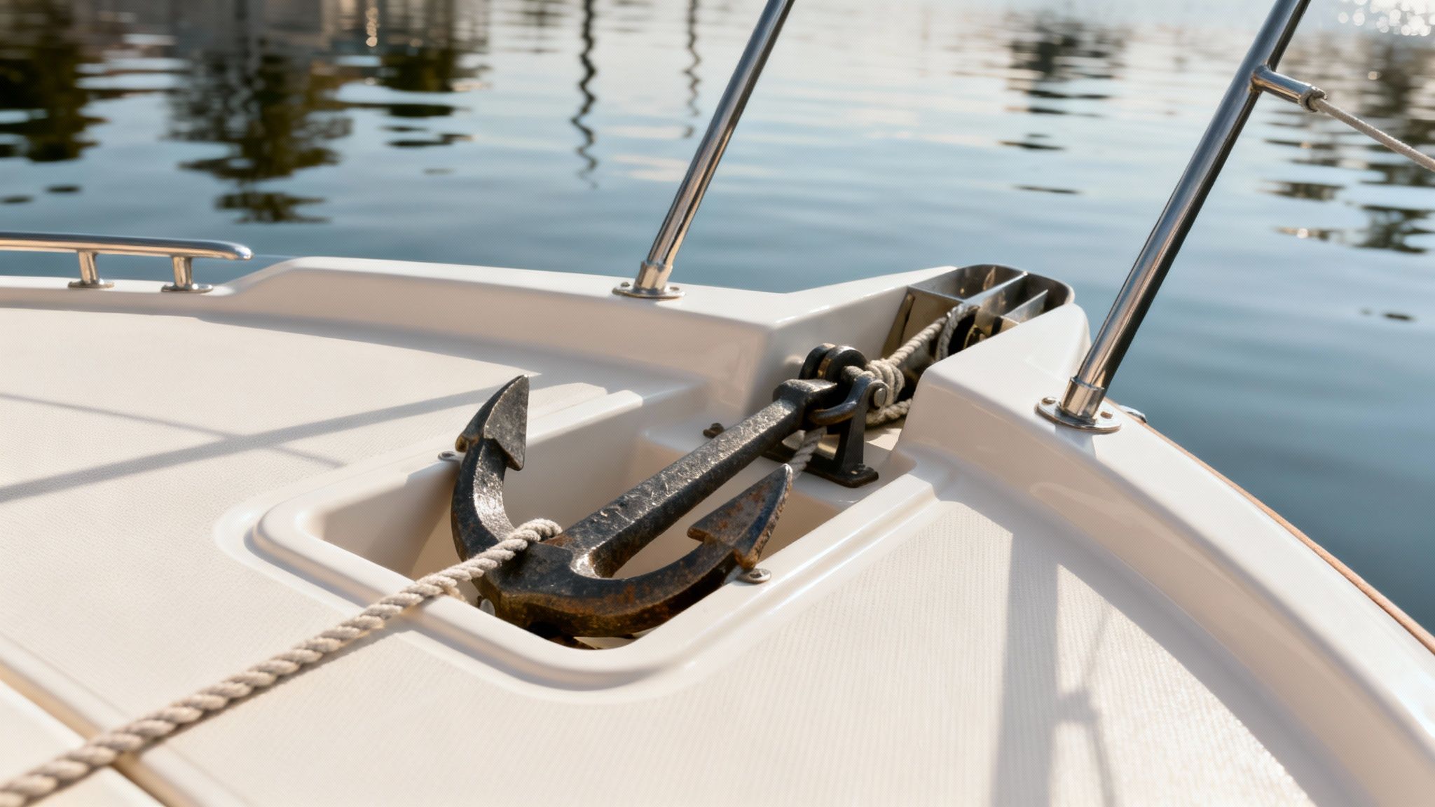Front view of a white boat deck with a sturdy metal anchor securely stowed, overlooking serene water.
