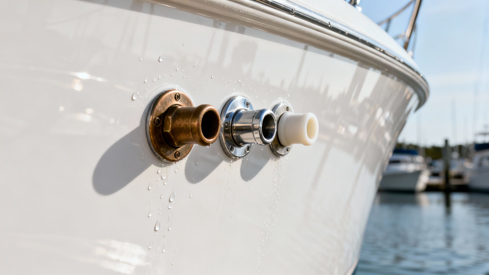 Three thru-hull fittings, bronze, chrome, and white, on a boat's hull with water droplets.