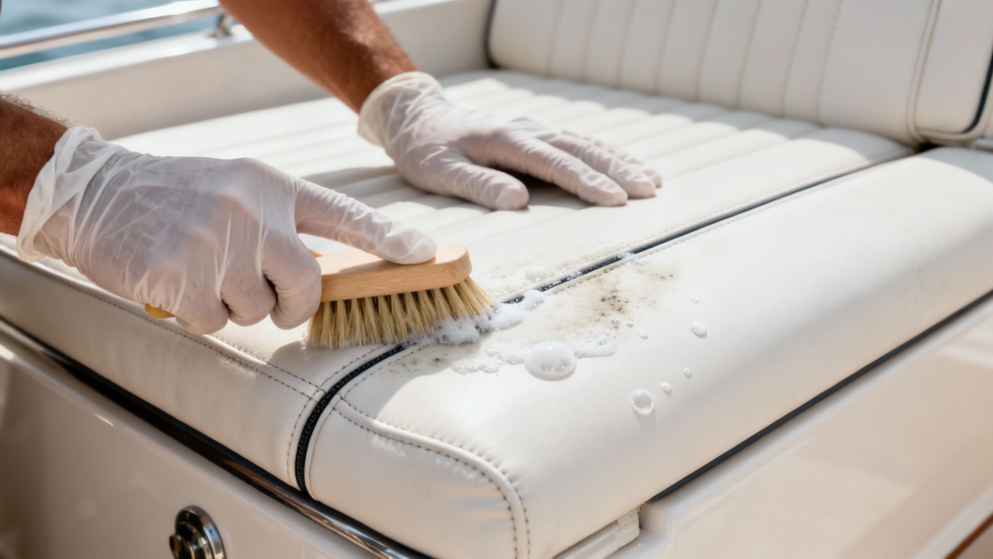 A person wearing white gloves scrubs dirty white boat seats with a brush and soapy solution.
