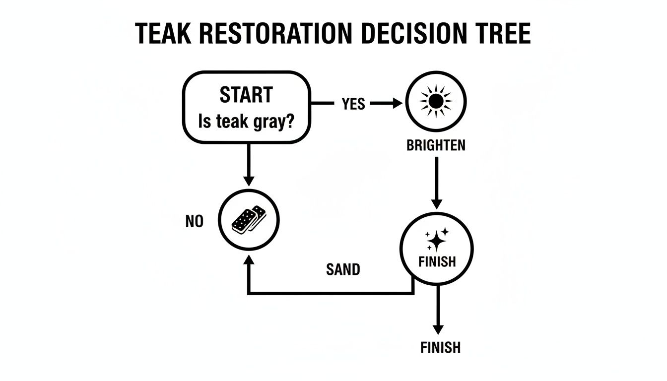 A Teak Restoration Decision Tree flowchart showing steps like brightening, sanding, and finishing.