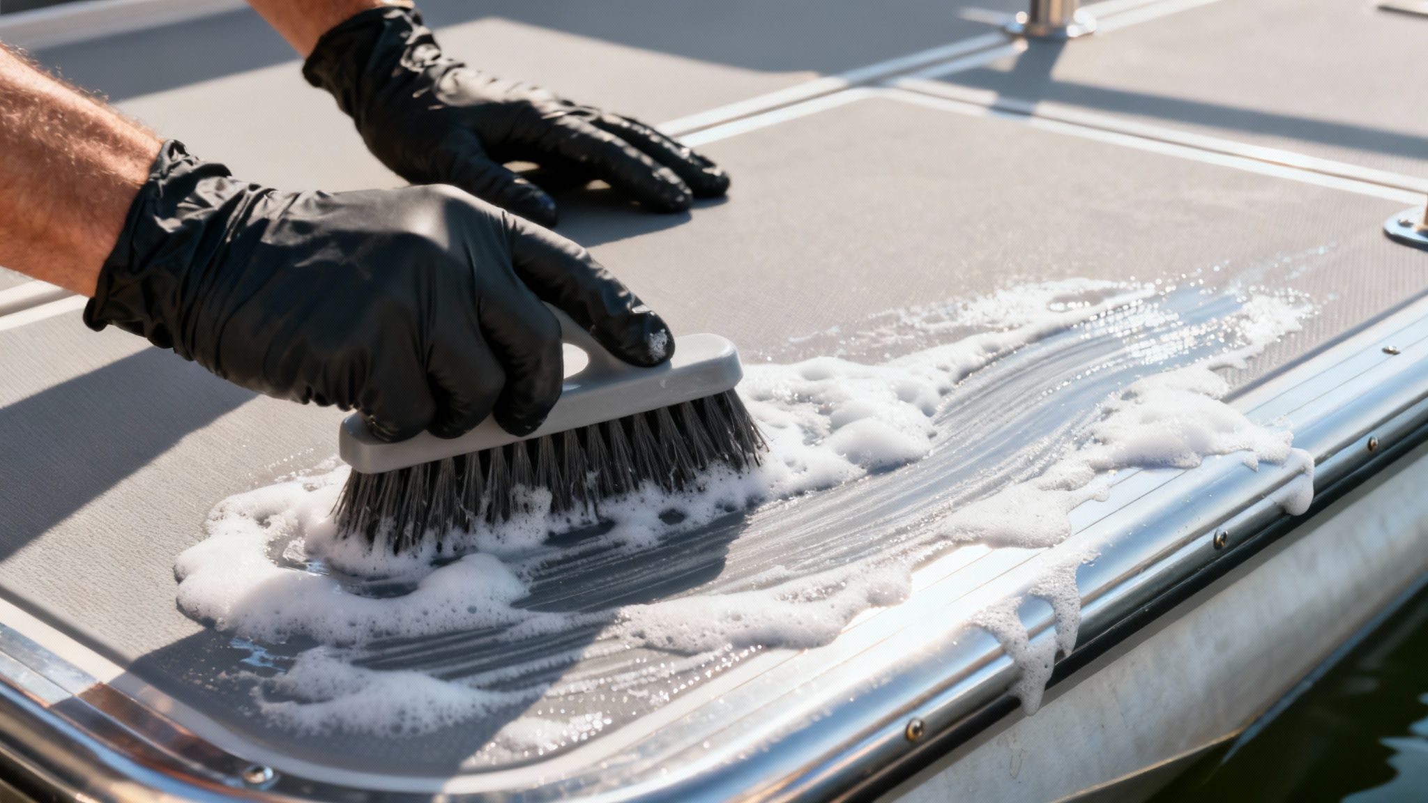 A person in protective gloves spraying a foaming aluminum cleaner onto the side of a pontoon.