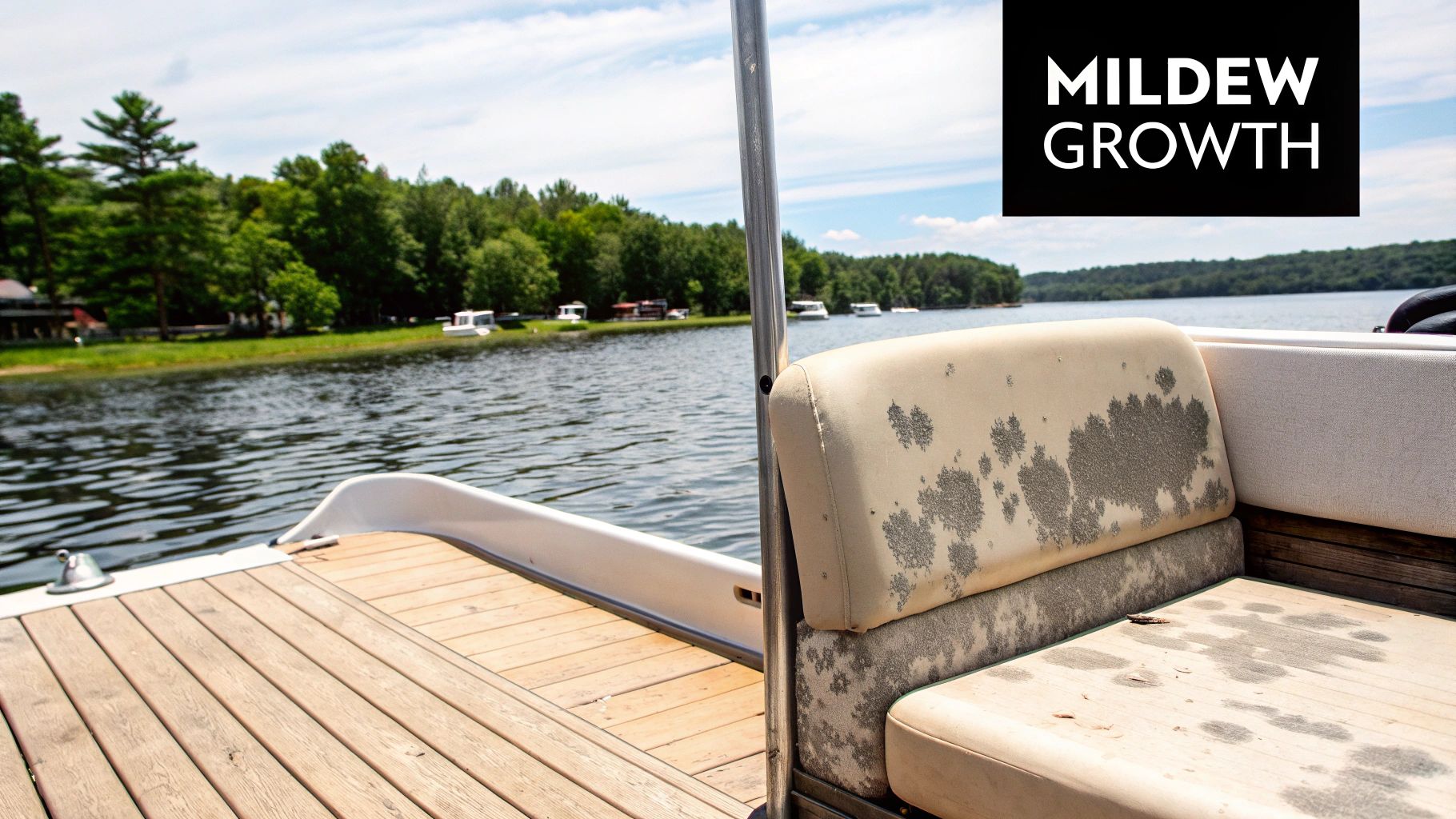 Close-up of mildew spots on a white vinyl boat seat