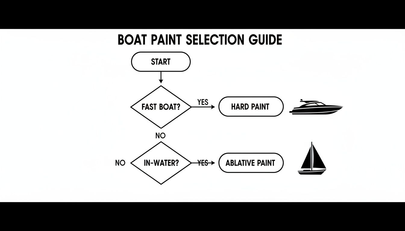 Flowchart guide for selecting boat paint, distinguishing between hard paint for fast boats and ablative paint for in-water boats.