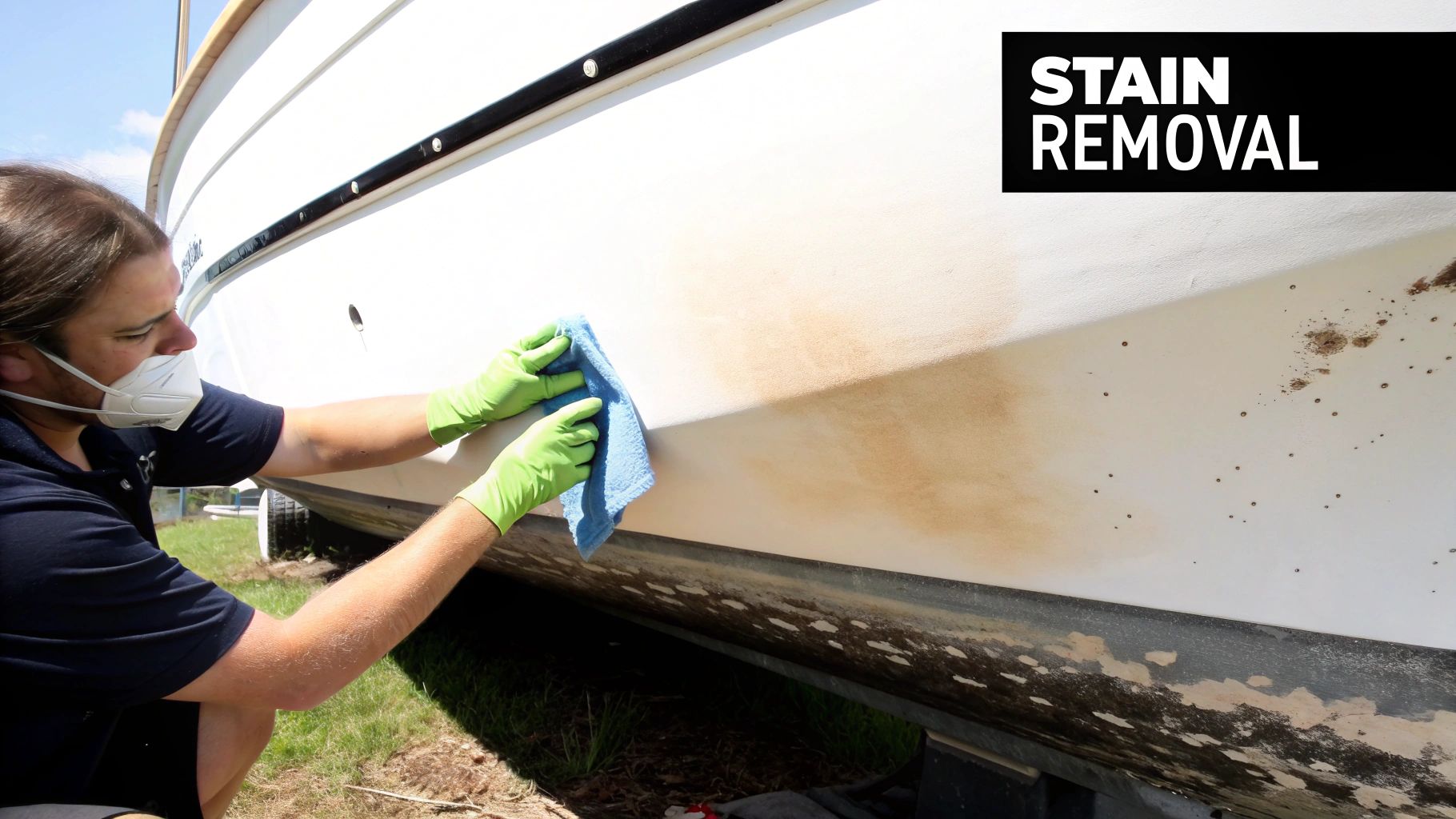 A person waxing the gleaming side of a newly cleaned fiberglass boat.