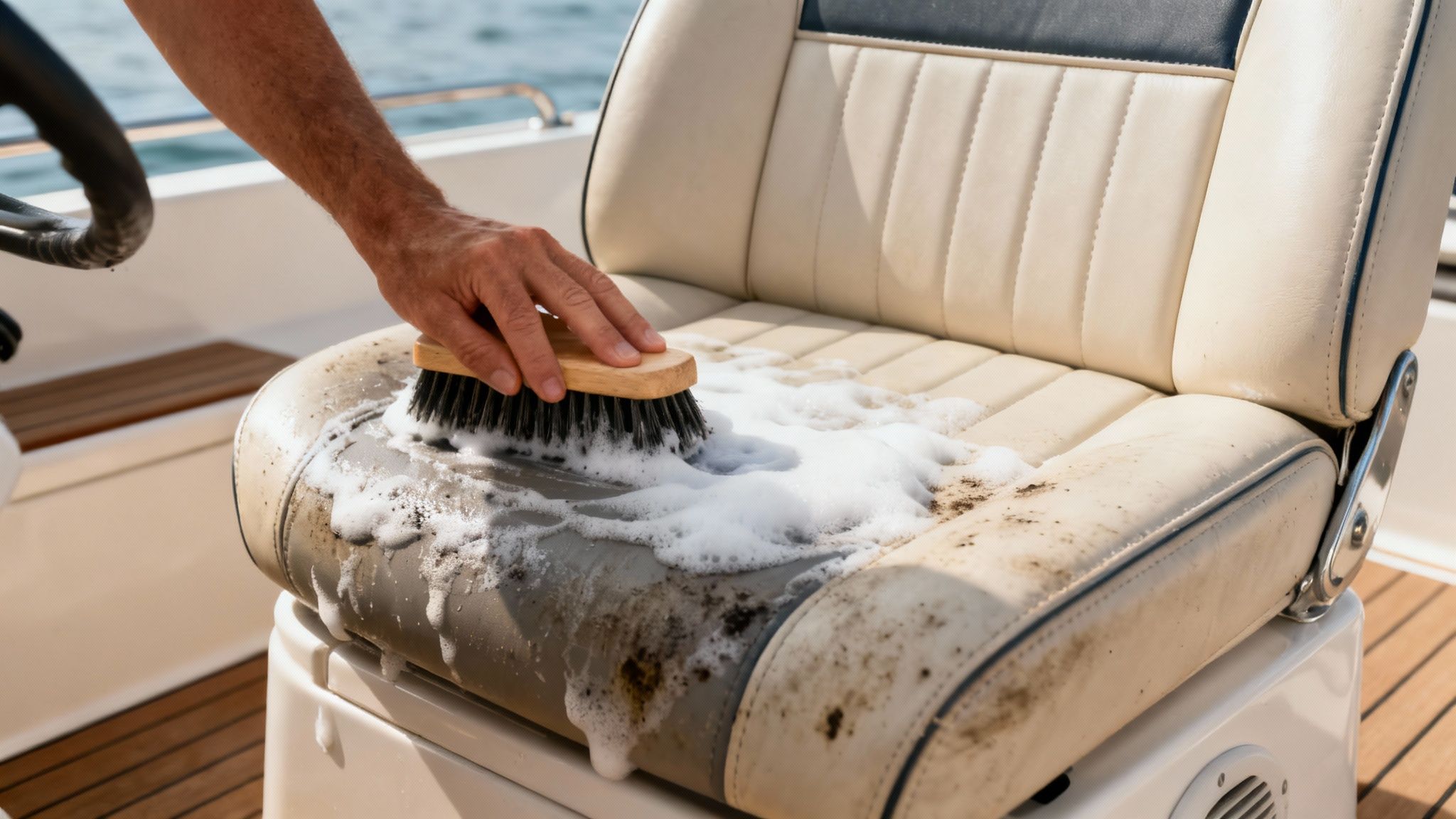 Close-up of boat upholstery being deep cleaned with a brush.