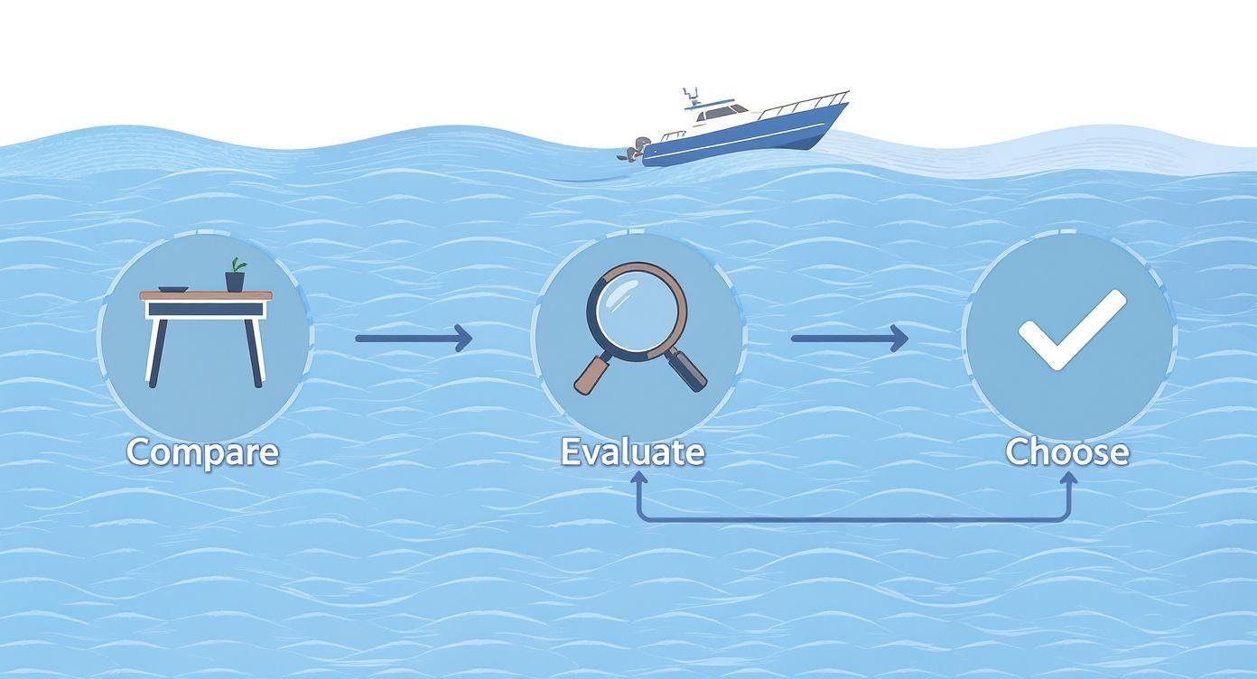 A decision-making process diagram showing Compare, Evaluate, Choose steps, with a boat on the ocean.