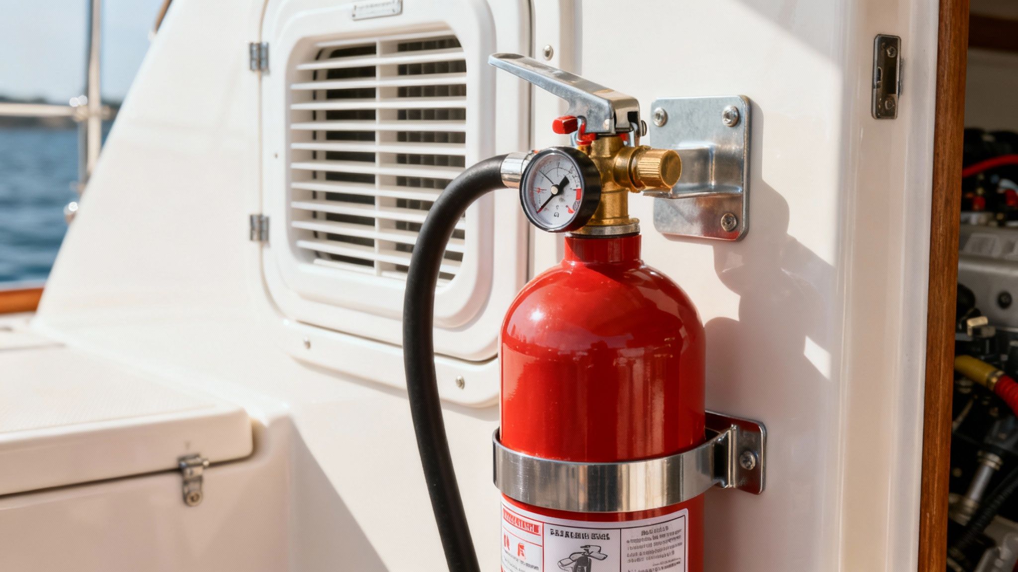 A boat navigating at sunset with its navigation lights clearly visible, showing red and green lights.