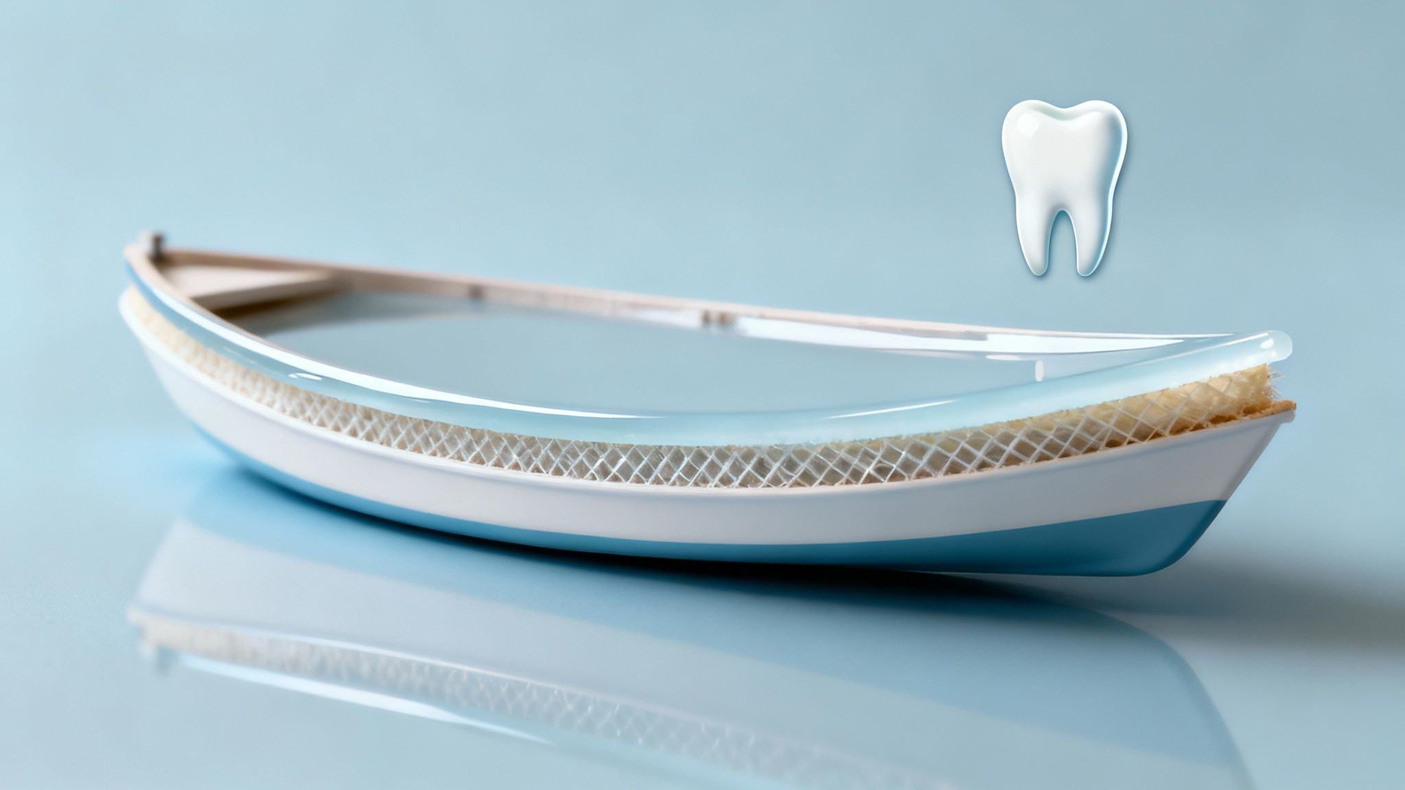 Close-up of a boat's glossy blue gelcoat reflecting the water