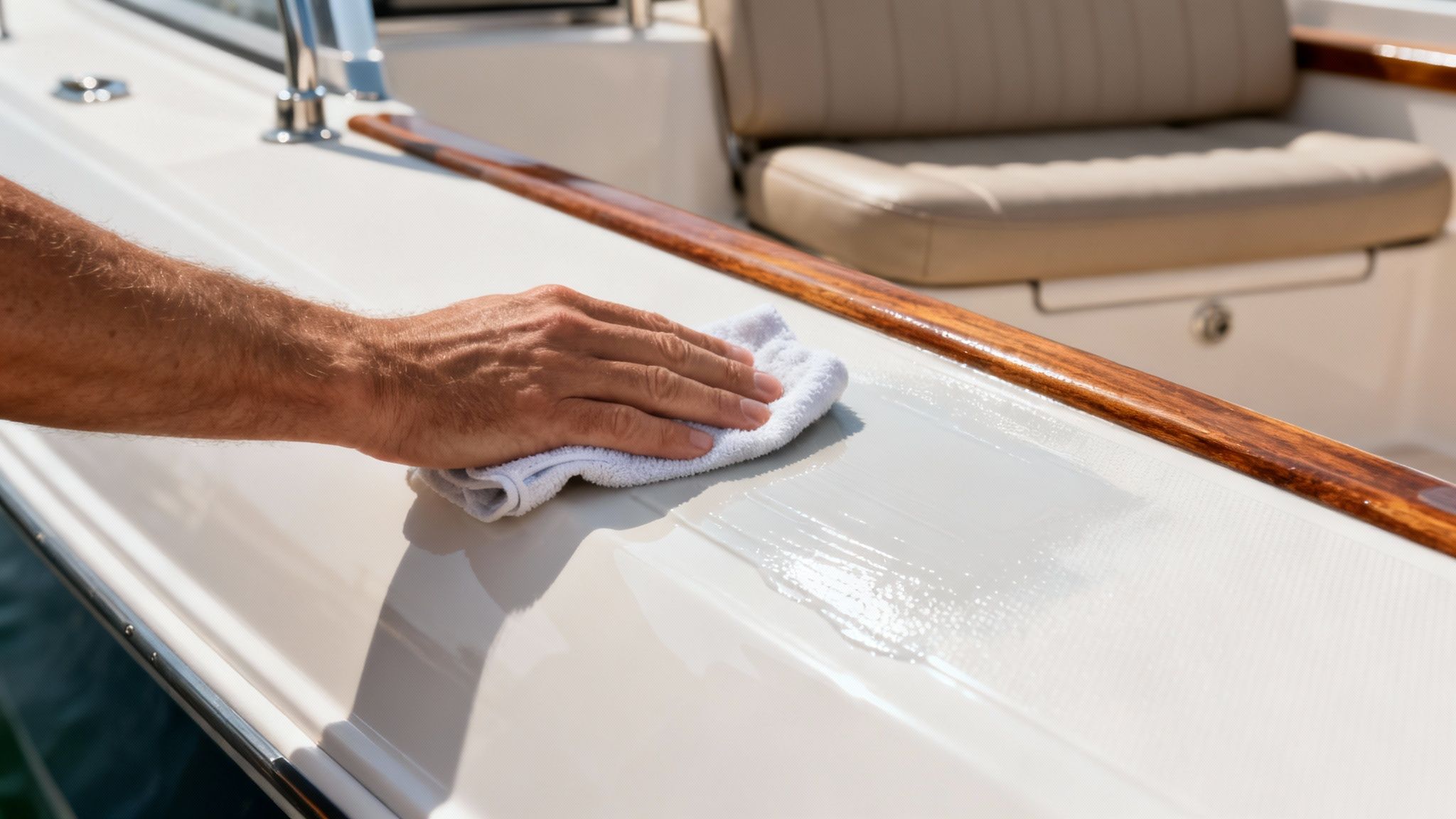 A person's hand cleaning the glossy white surface of a boat with a white towel.