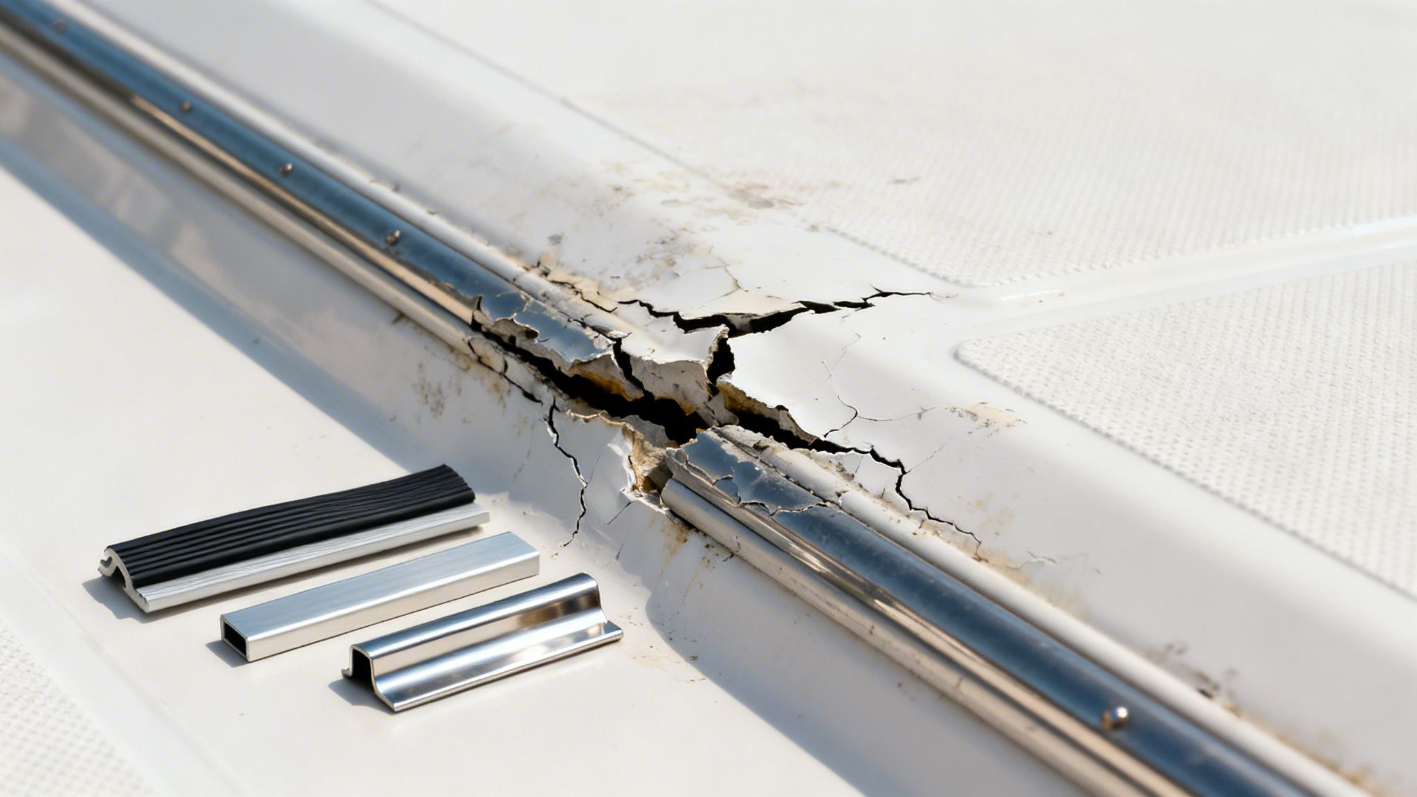 Close-up of a severely cracked boat rub rail with new replacement parts laid out for repair.