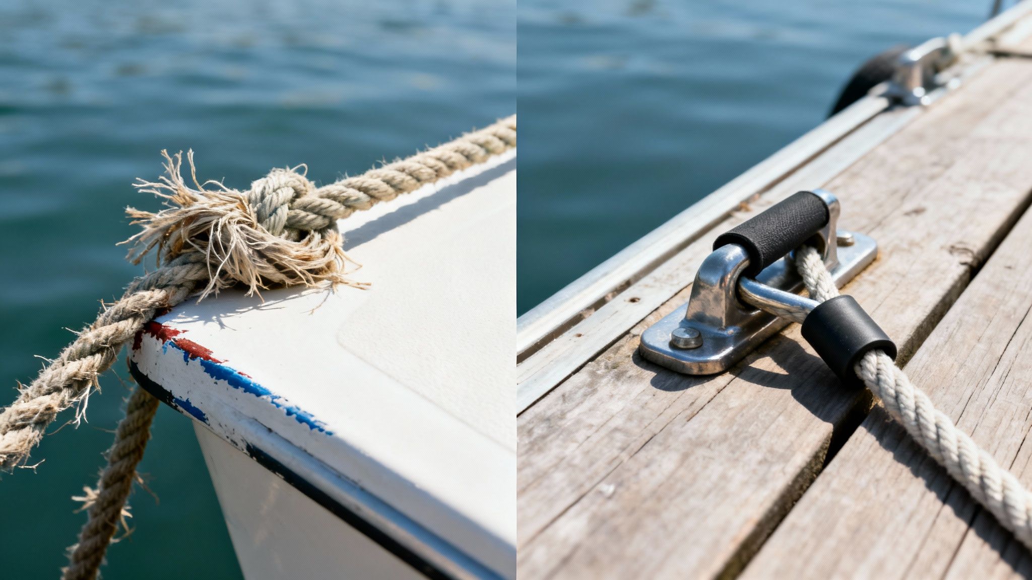 Close-up split image showing a frayed rope knot on a boat bow and a rope secured to a dock cleat.