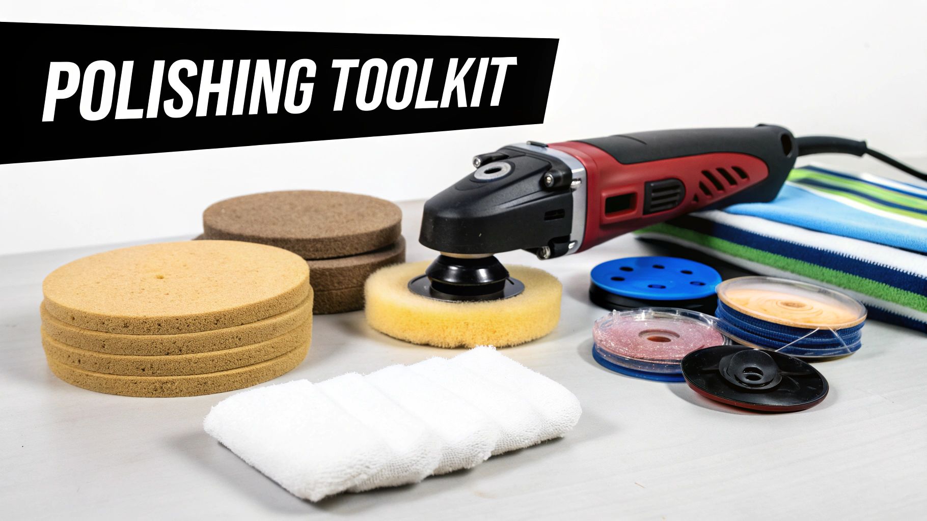 Assortment of fiberglass polishing tools including buffers, pads, compounds, and microfiber towels laid out neatly.