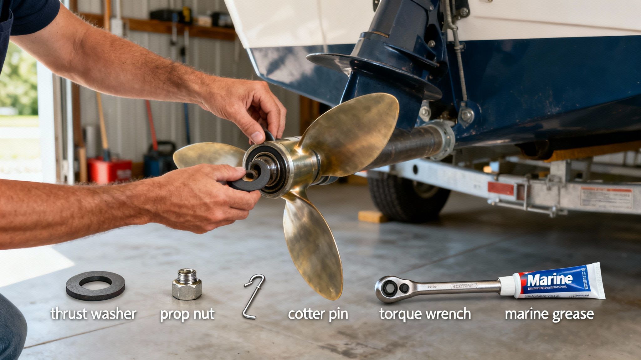 A person installing a boat propeller on an outboard motor, with marine tools and parts laid out.