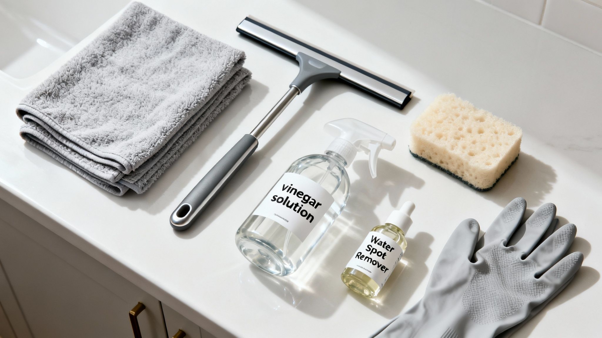 Cleaning supplies including a squeegee, vinegar spray, water spot remover, towel, sponge, and gloves.