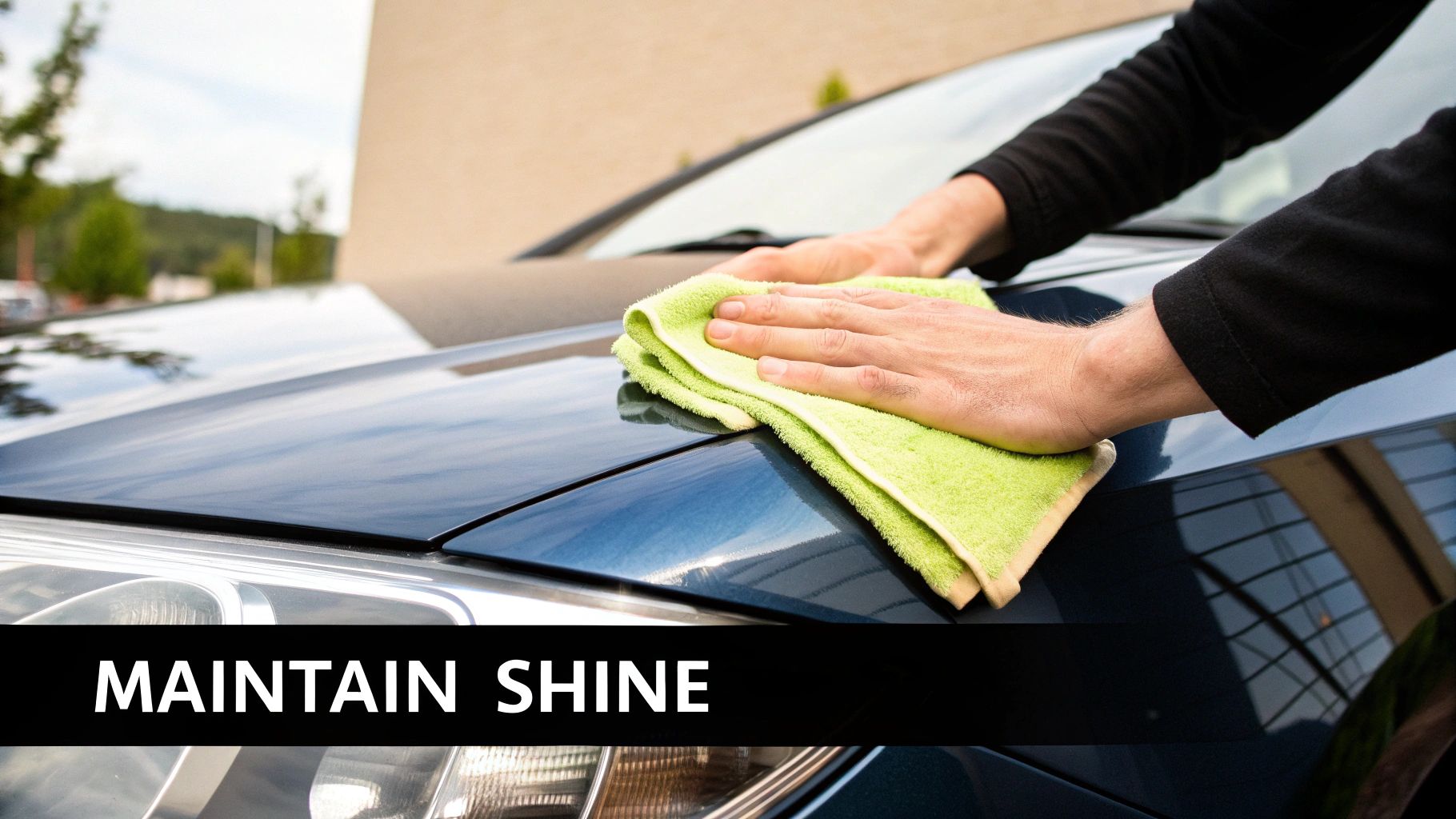 A person in blue nitrile gloves carefully polishing the hood of a red car with a dual-action polisher.