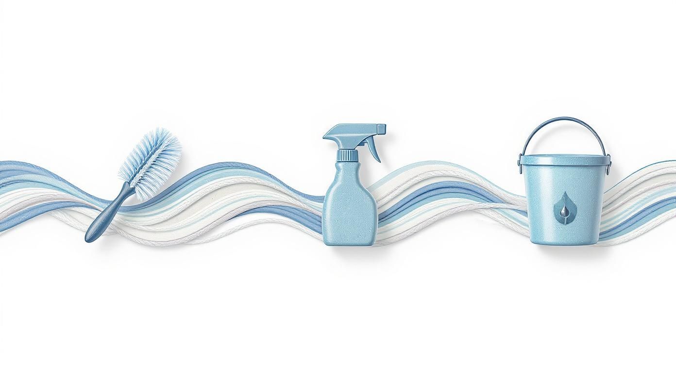 Three blue cleaning tools: a brush, a spray bottle, and a bucket arranged on wavy lines.