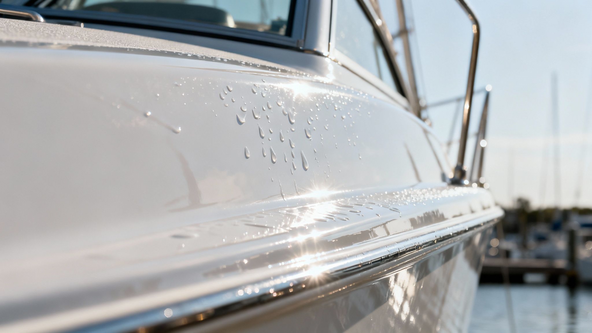 Close-up of a gleaming white boat hull with numerous water droplets and sun glare at a marina.