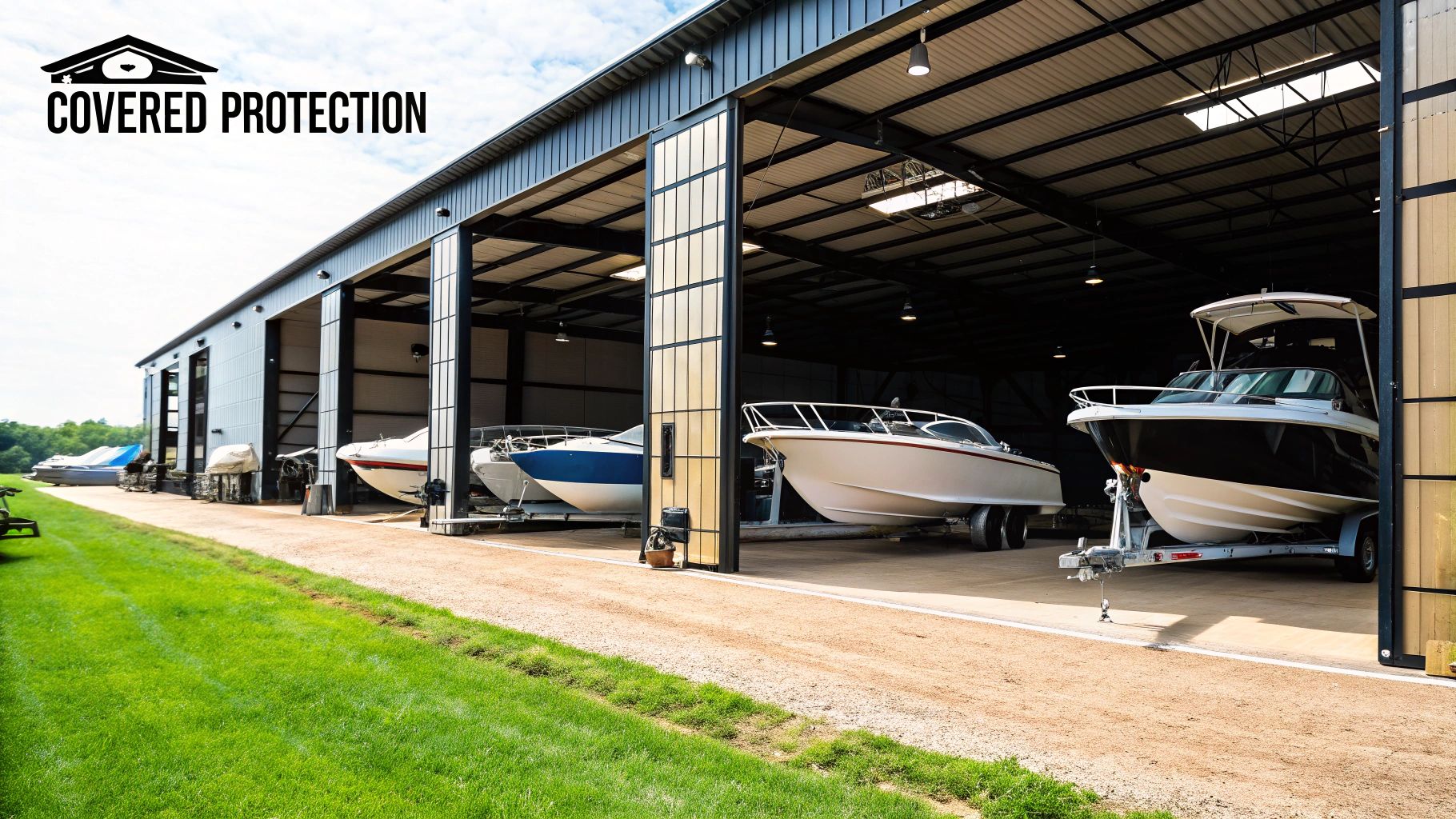 A large, covered steel building used for boat storage, showcasing its protective capabilities.