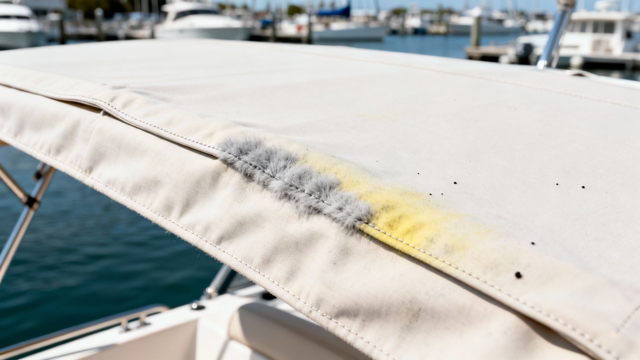 Close-up of a dirty boat canvas top showing a fuzzy strip and a yellow mildew stain.
