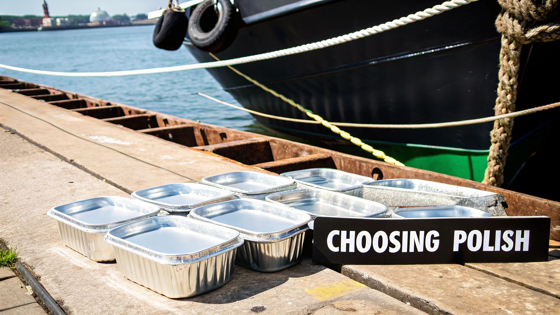 A person pressure washing the hull of an aluminum boat