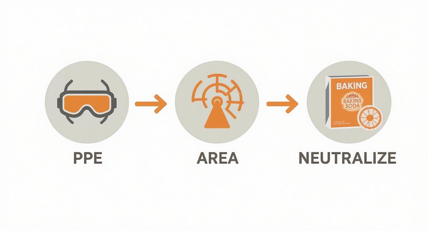 A three-step infographic showing safety goggles for PPE, an antenna icon for area, and baking soda for neutralize.