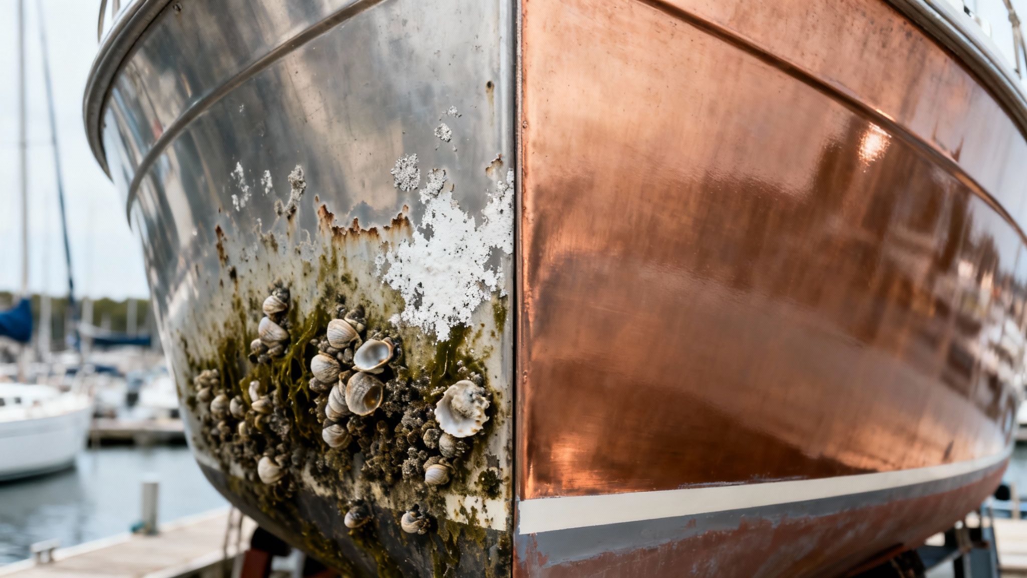 A boat hull showing a clear contrast: one side is shiny copper, the other is encrusted with barnacles and rust.