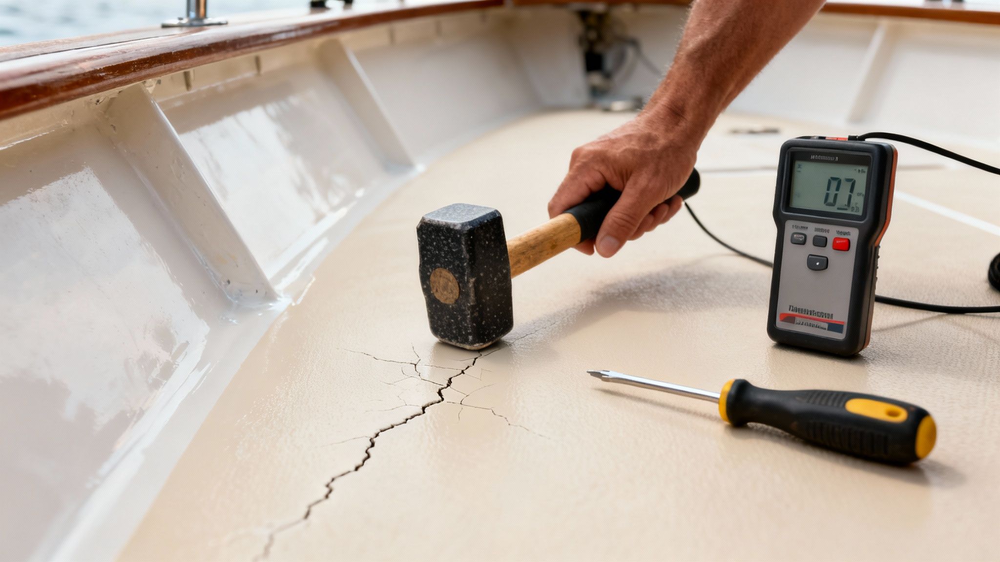 A person inspects cracks on a boat deck with a sledgehammer and moisture meter, indicating damage.