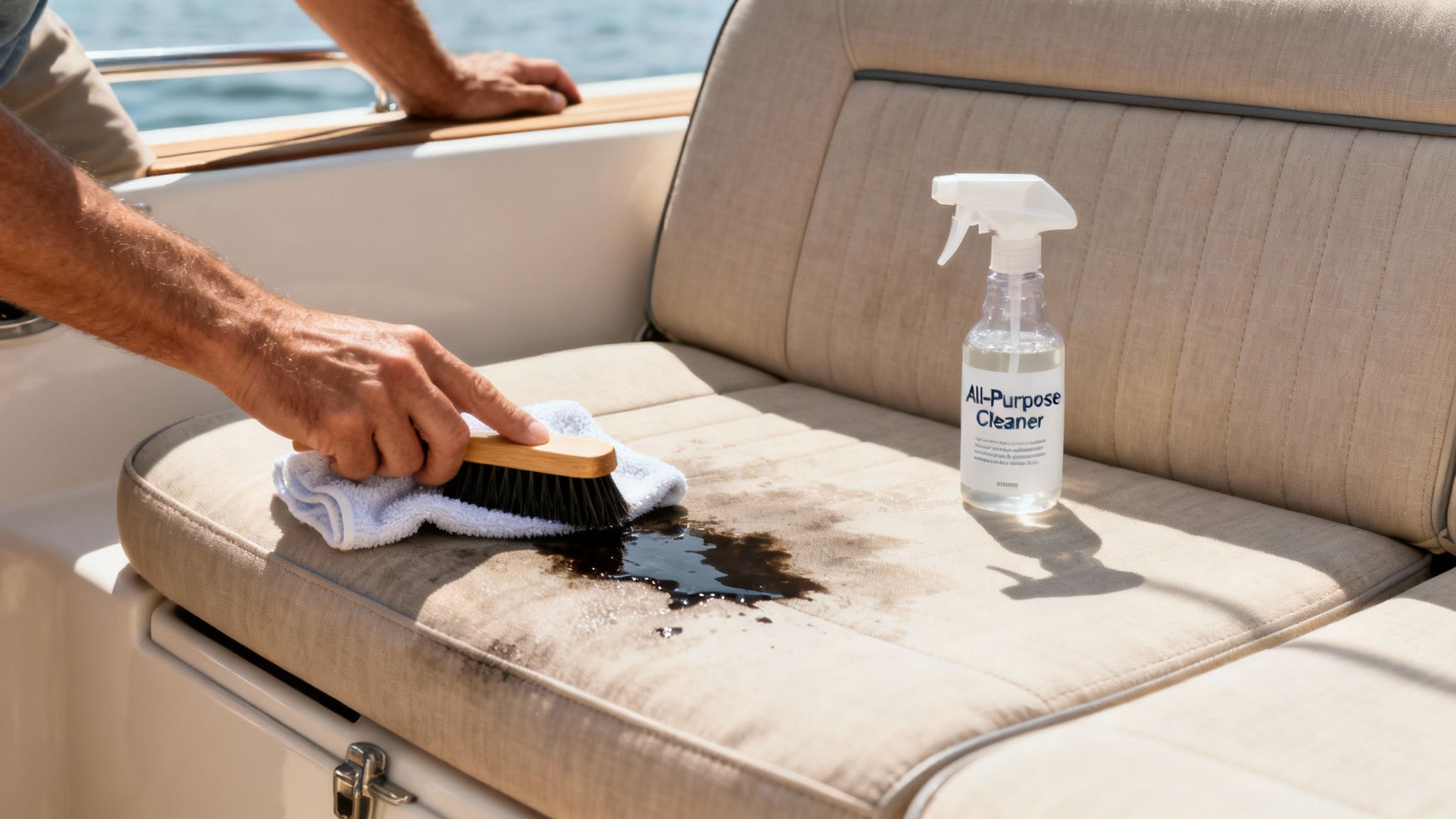 A hand scrubs a dark spill on a beige boat seat with a brush, towel, and all-purpose cleaner.