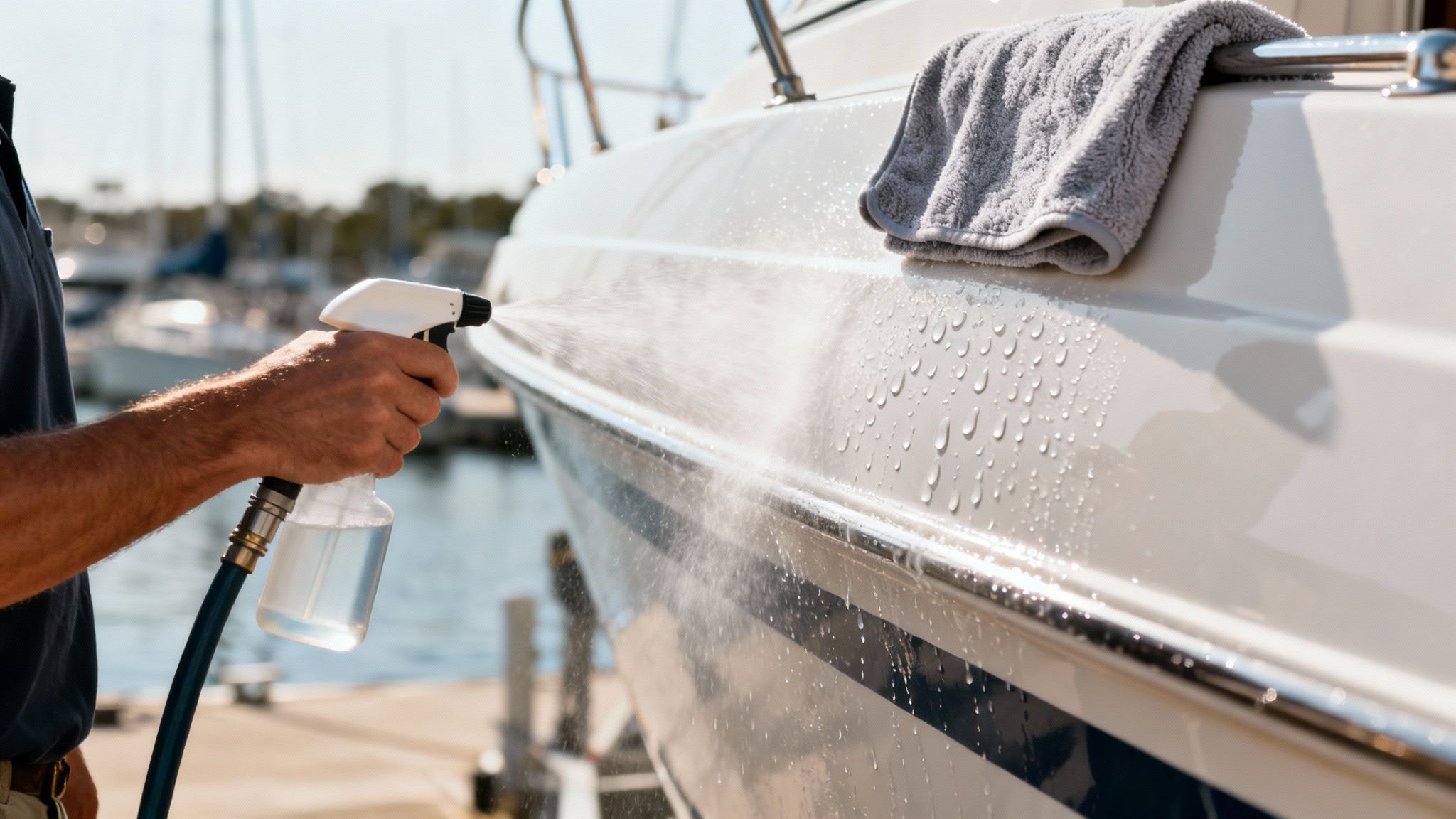 A person sprays the side of a white boat with water, showing droplets and a towel.