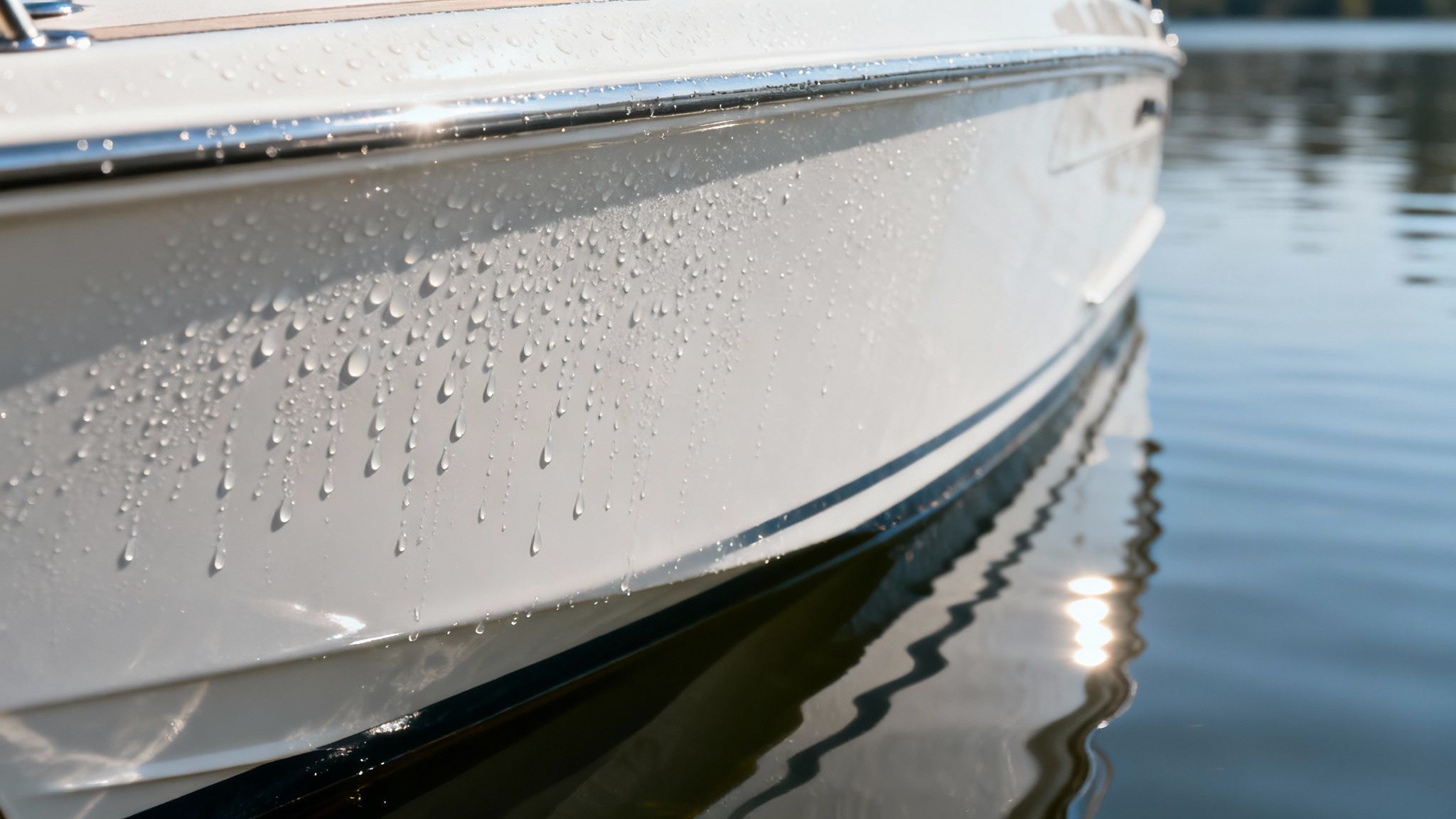 A freshly waxed boat hull gleaming in the sun.