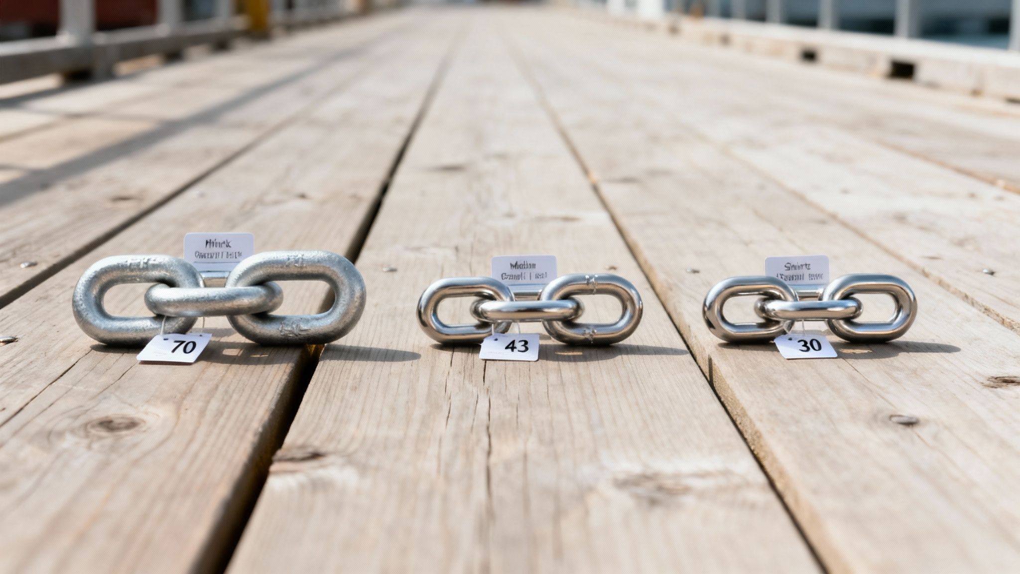 A detailed shot of a heavy-duty galvanized boat anchor chain.