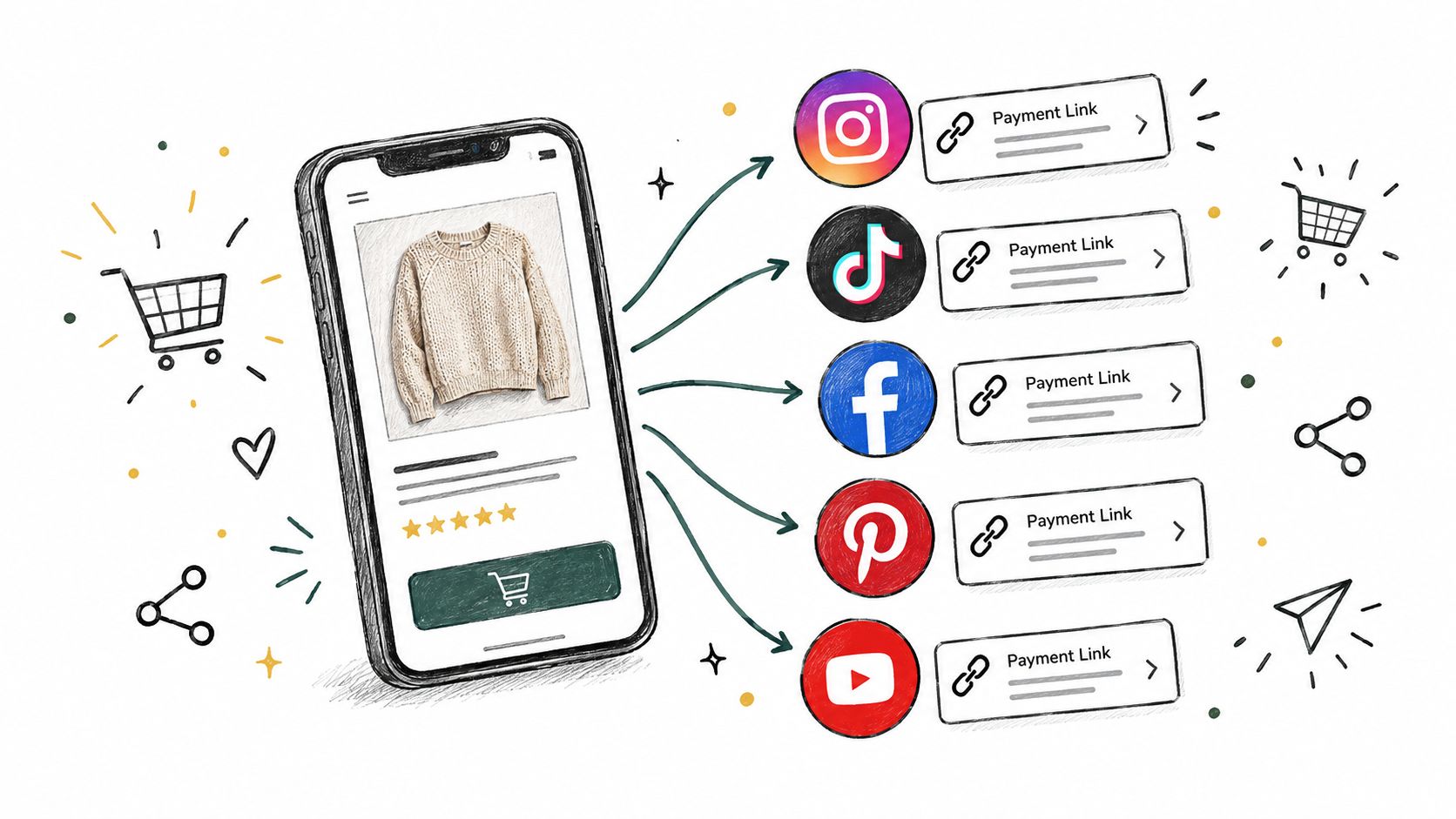A smartphone displaying a product page connected to various social media platforms with payment links for online shopping.