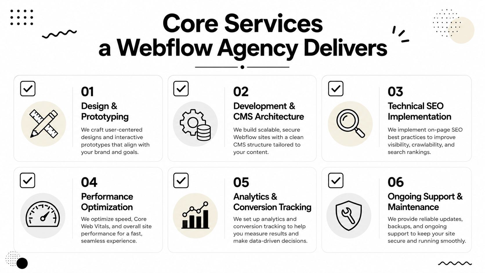 A graphic listing six core services provided by a professional Webflow agency for digital website projects.