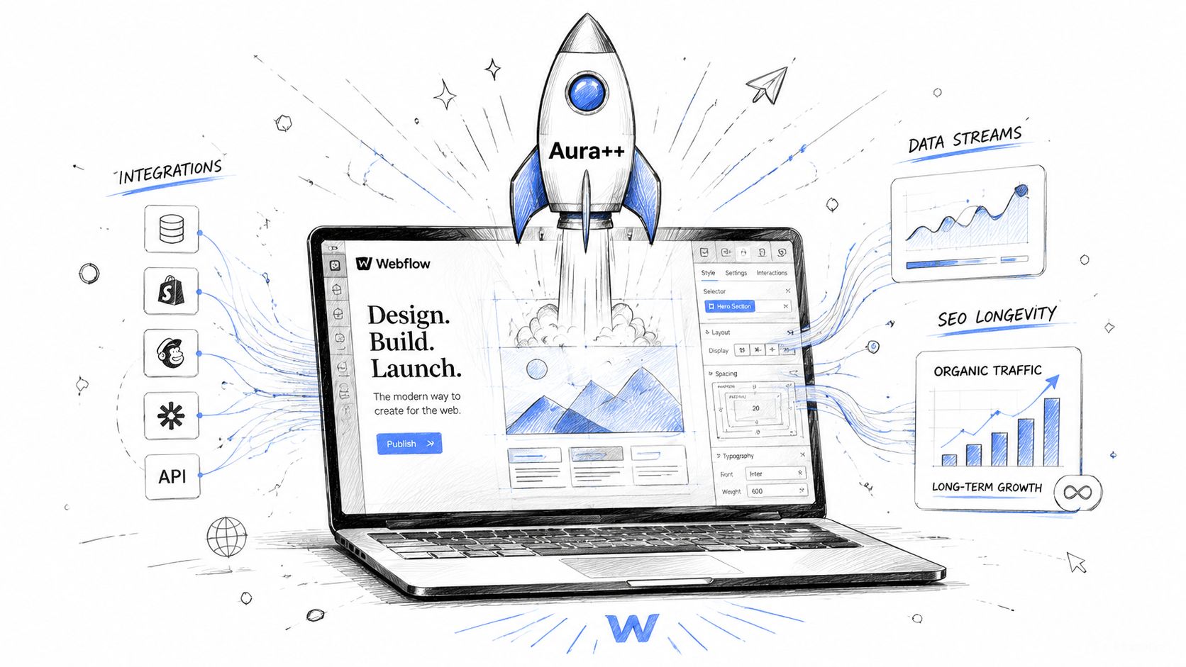 A hand-drawn illustration showing a Webflow interface on a laptop with a rocket ship launching from it.