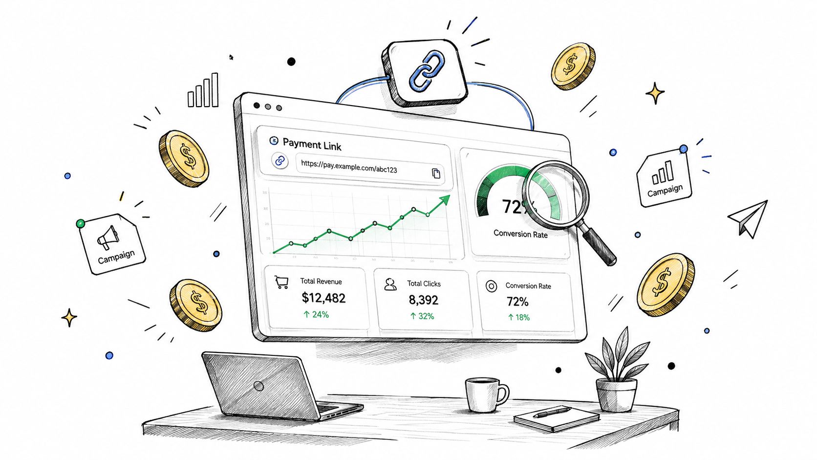 A hand-drawn illustration showing a dashboard for a payment link with growth charts and financial metrics.