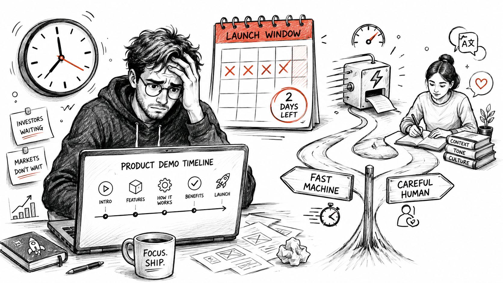 A stressed developer working on a product demo timeline with a looming launch deadline and AI vs human dilemma.