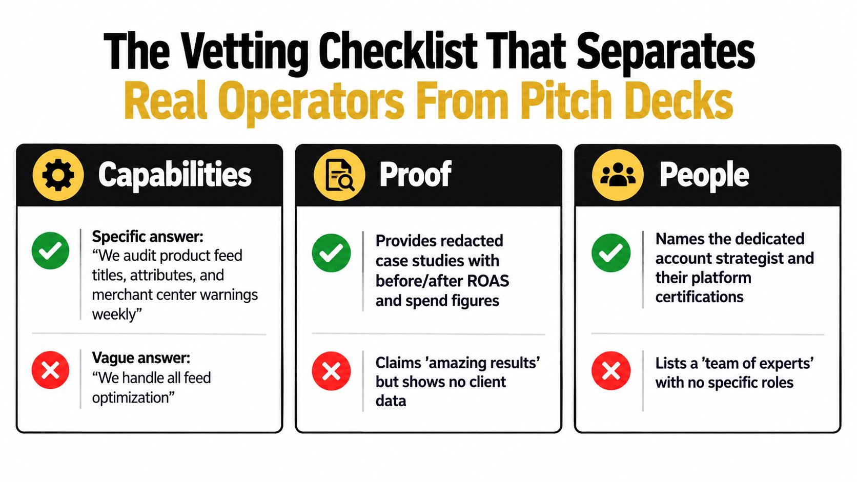 A checklist infographic titled The Vetting Checklist That Separates Real Operators From Pitch Decks.