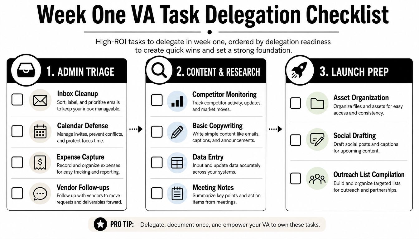 A checklist for business owners detailing three categories of tasks to delegate to a virtual assistant.