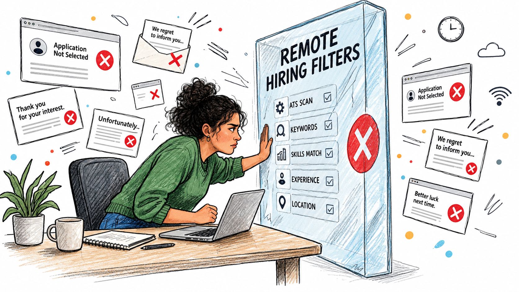 A woman looks frustrated while applying for remote jobs blocked by digital hiring filters and rejection notices.
