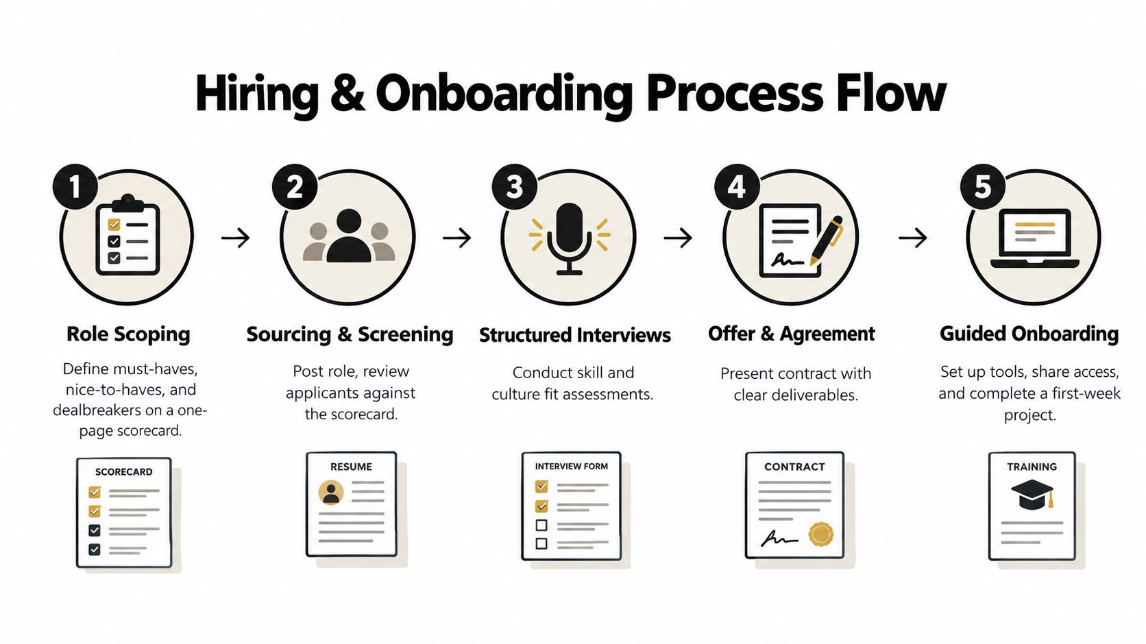 A diagram outlining the five stages of a professional hiring and onboarding process for new employees.